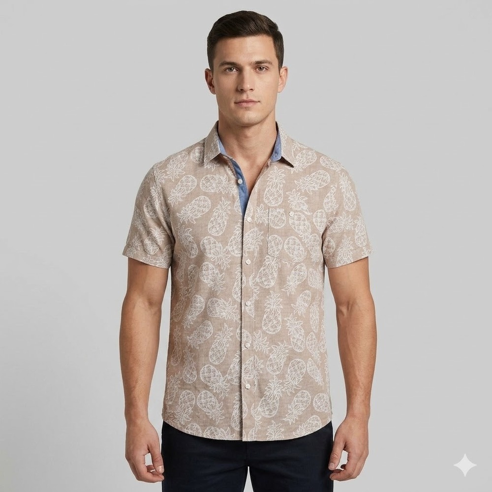 Even Tide Pineapple Print Short Sleeve Linen Blend Button Up Shirt Large Tan